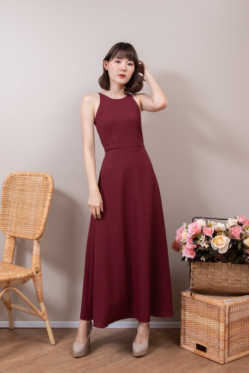 Dark Red Maroon Bridesmaid Party Dress Red Wedding Dress Crisscross Maxi Dress - 洋装/连衣裙 - 聚酯纤维 红色