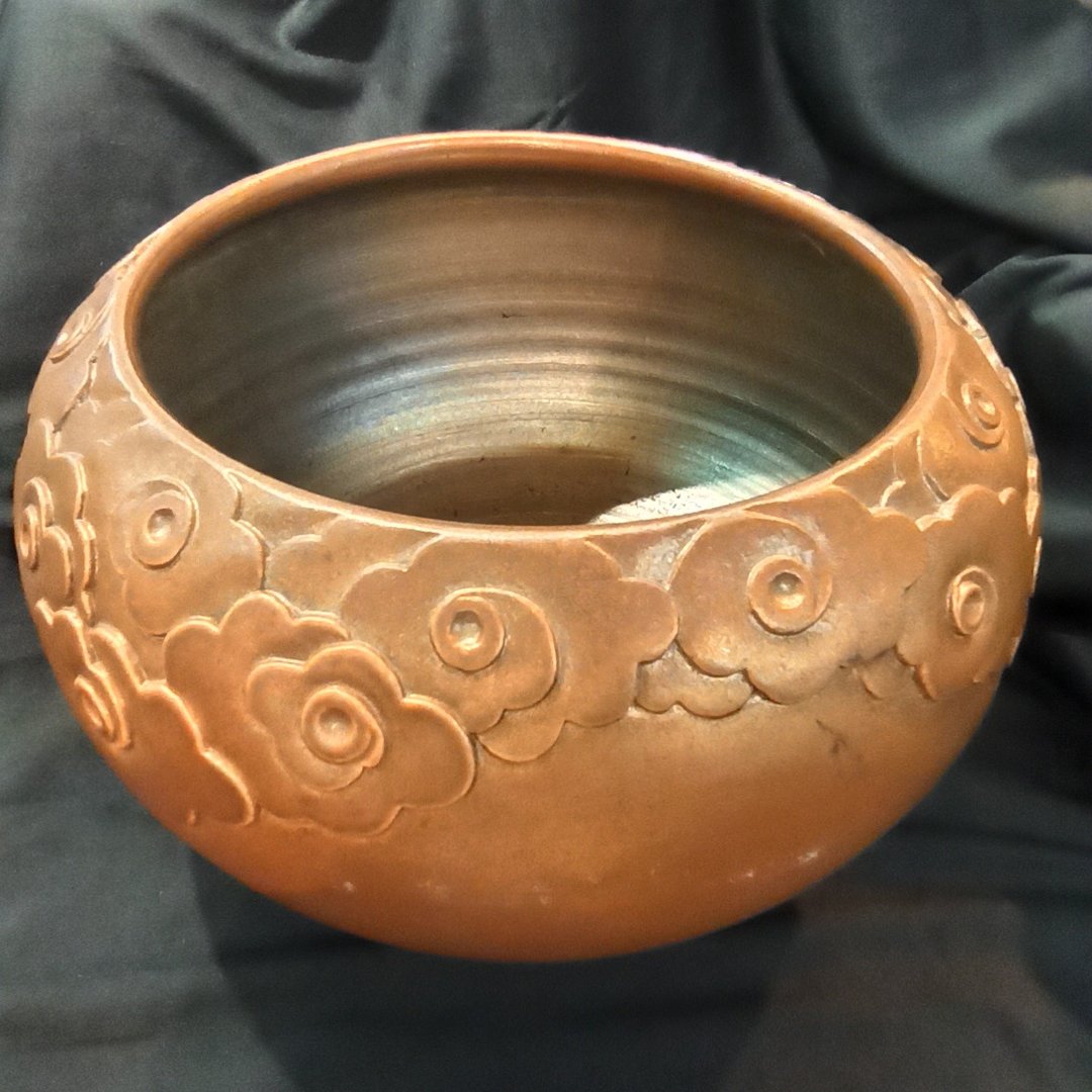 柴烧陶聚宝盆水方盆钵祥云浮刻纹饰手拉胚 - 茶具/茶杯 - 陶 金色