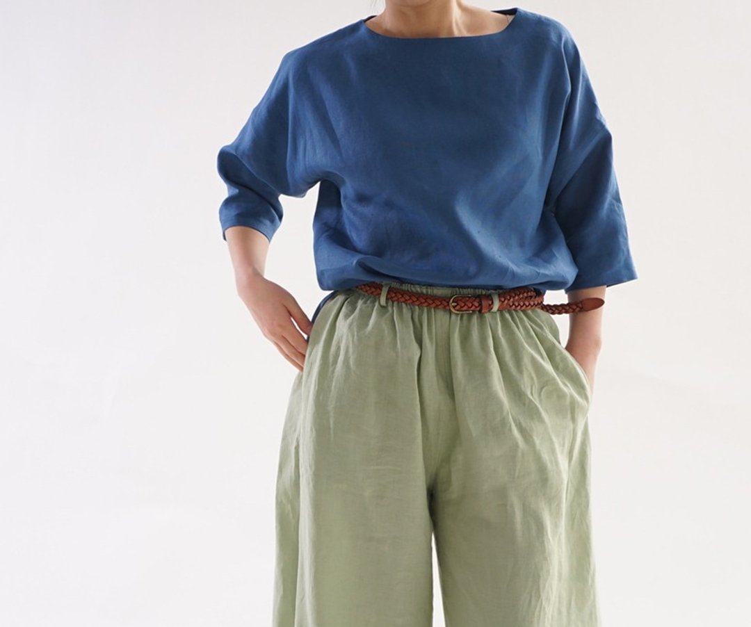 linen / linen shirt / 3/4 sleeve / tops / tunic / blue / t1-41 - 女装上衣 - 棉 蓝色