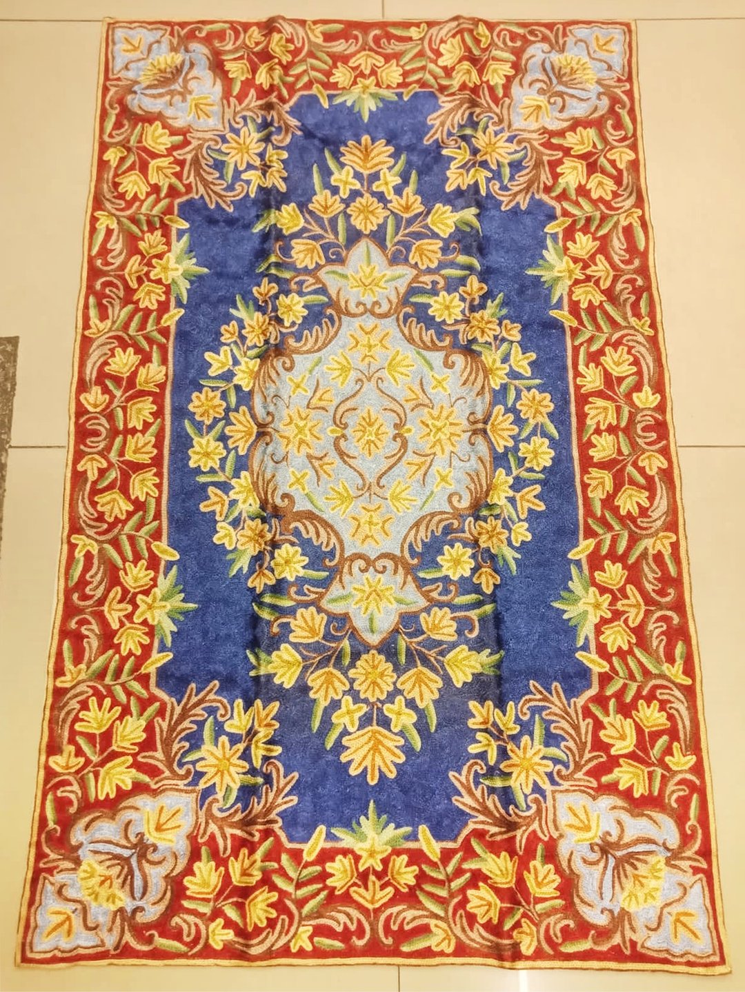 印度喀什米尔 手工刺绣丝质中型地毯 121x76 — 海上花园 - 地垫/地毯 - 丝．绢 蓝色