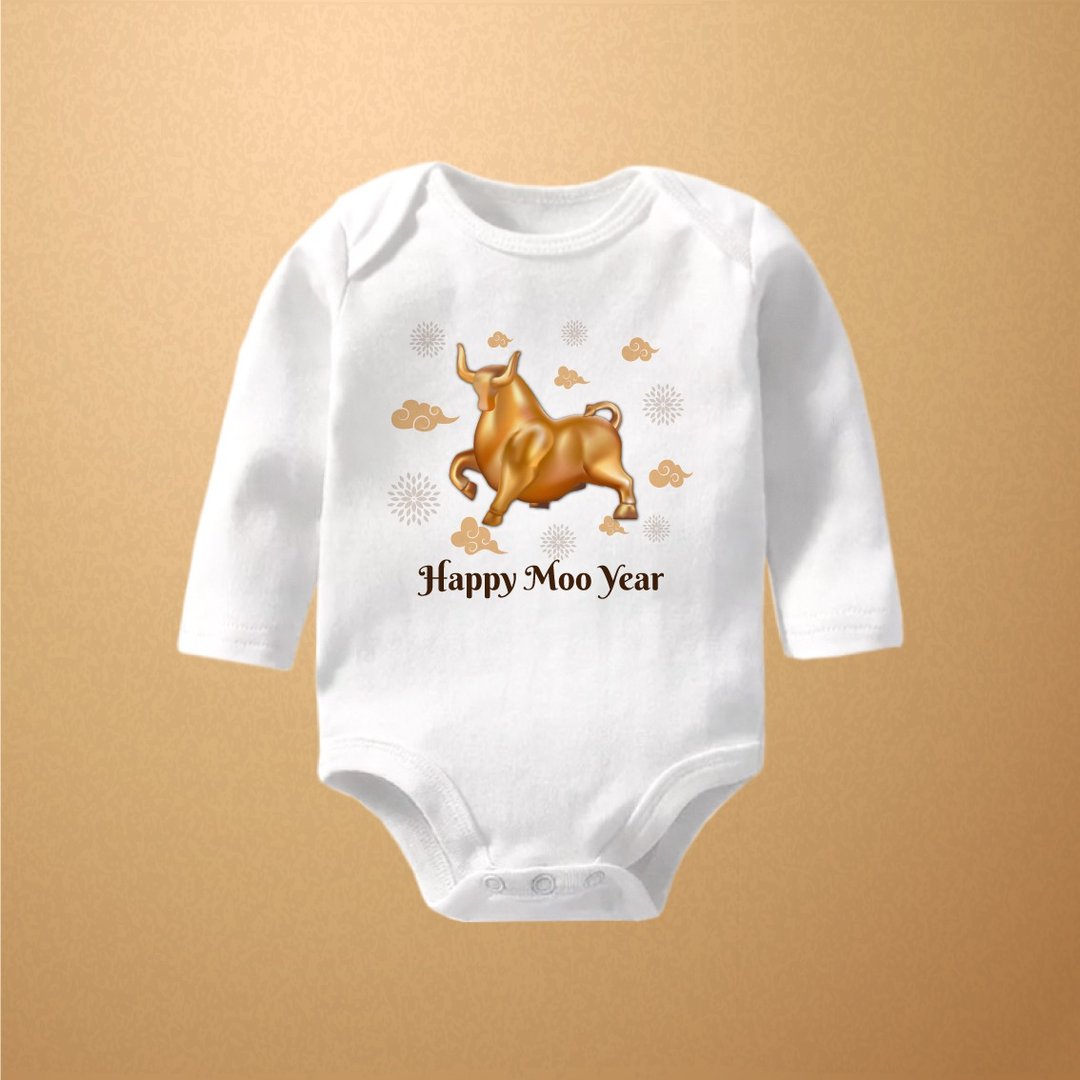 牛年鸿运 长袖包屁衣 可姓名定制 宝宝 婴儿 新年 春节 礼物 - 包屁衣/连体衣 - 棉 白色