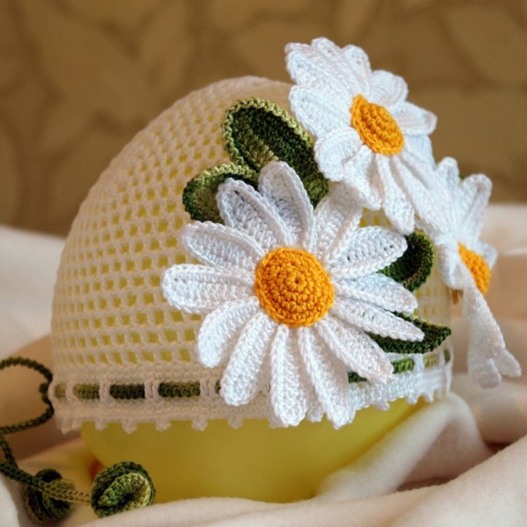 Crochet baby sunhat  pattern pdf, summer girl daisies hat digital download - 编织/刺绣/羊毛毡/裁缝 - 棉 白色