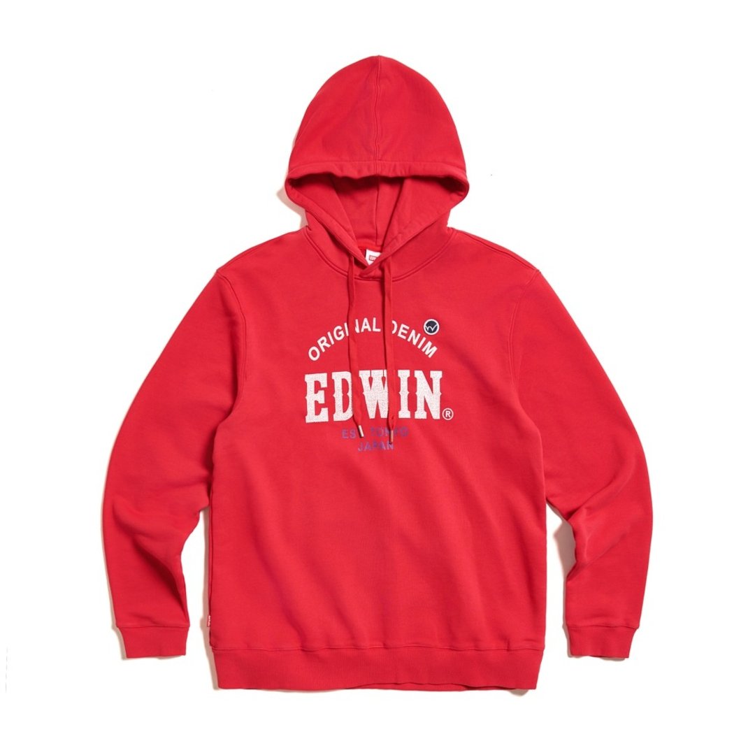 EDWIN 男装 大英文字徽章长袖连帽 T 恤 (红色) #上衣 - 中性连帽卫衣/T 恤 - 棉．麻 红色