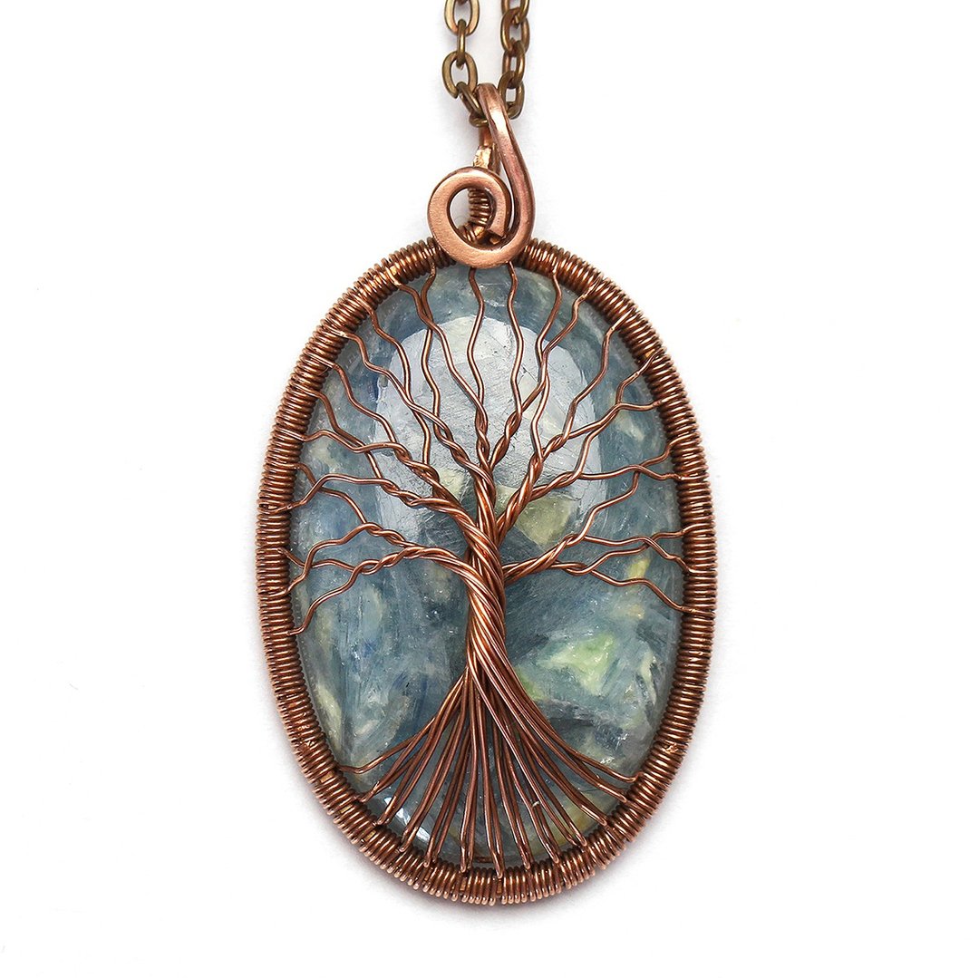 Kyanite Pendant Handmade Copper Tree Of Life Necklace Protection Amulet Necklace - 项链 - 半宝石 蓝色