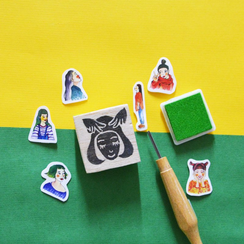 剪发少女印章/手刻橡皮章 - 印章/印台 - 橡胶 黑色