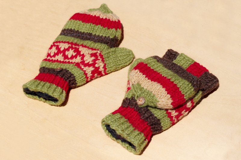 情人节礼物 创意礼物 限量一件手织纯羊毛针织手套 / 可拆卸手套 / 内刷毛手套 / 保暖手套(made in nepal) - 抹茶拿铁 几何民族图腾 - 手套 - 羊毛 多色