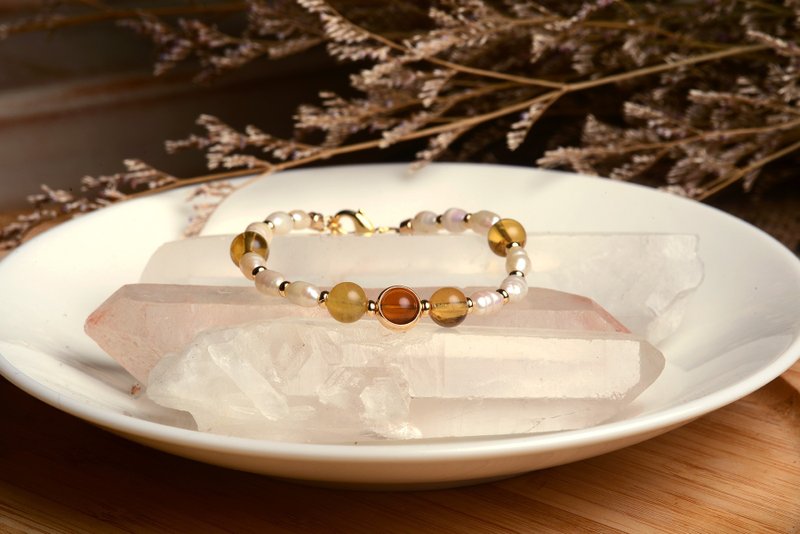 【神山晶礦】天然無優化金珀珍珠手鍊/金珀/珍珠 - 手链/手环 - 水晶 金色
