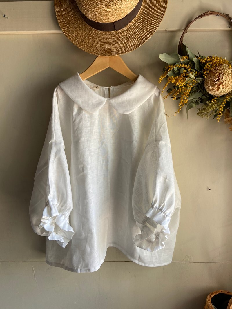 Short-sleeved linen round collar simple blouse - 女装衬衫 - 棉．麻 