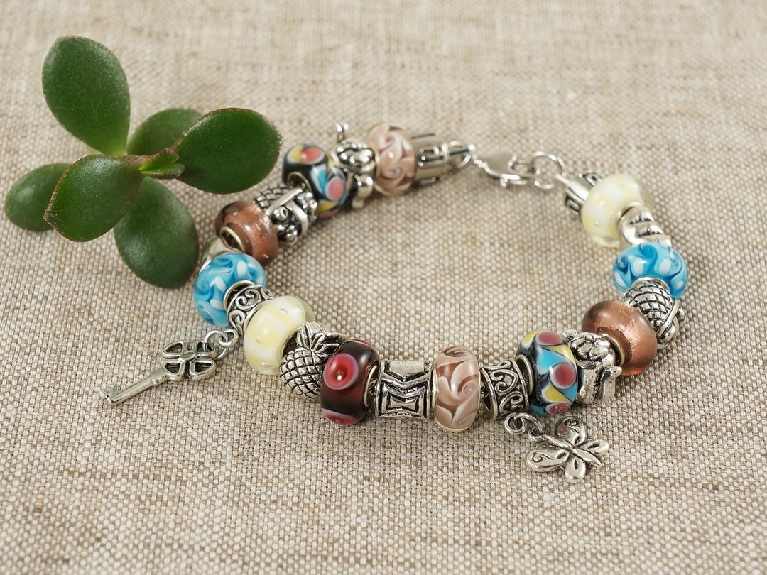 Lampwork Murano Glass Bracelet Purple Blue Euro Charm Beaded Bracelet Jewelry - 手链/手环 - 玻璃 多色