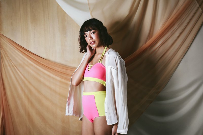 Love Pocket set 迷人露背高腰兩件式泳裝 / 粉紅色+黃色 - 女装泳衣/比基尼 - 其他材质 粉红色