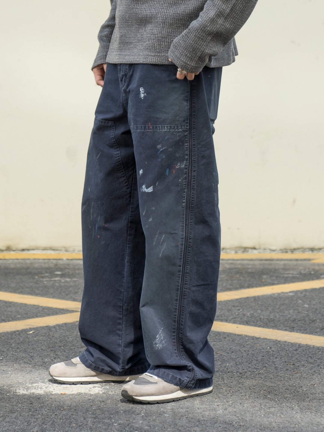 Pants 美式復古潑墨休閒褲 日系潮流寬鬆直筒工裝長褲古著Cityboy - 男士长裤 - 棉 蓝色