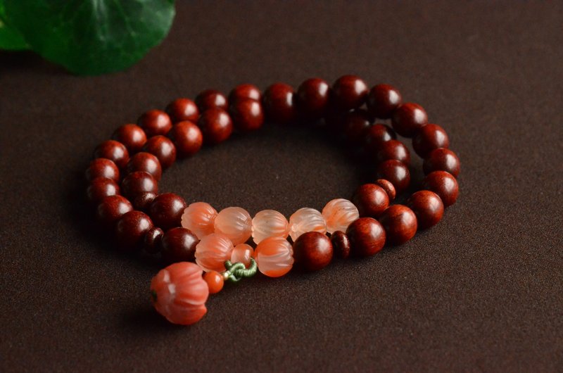 【莲清】天然印度小叶紫檀保山南红柿子红莲花双圈手串 - 手链/手环 - 木头 
