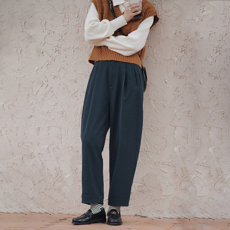 石墨绿高腰松紧萝卜裤|裤子|秋冬款|Sora-855 - 女装长裤 - 其他人造纤维 