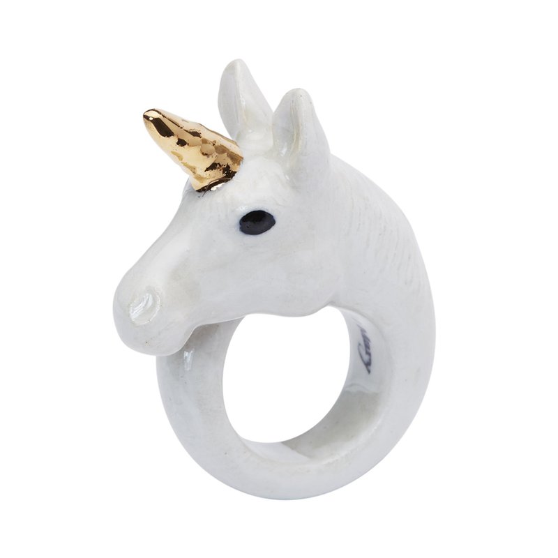AndMary手绘瓷戒指-金色独角兽 White and Gold Unicorn Ring - 戒指 - 瓷 白色