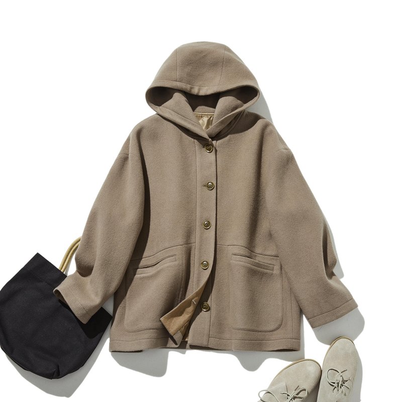 轻暖连帽外套 羊毛外套 驼色 241206-6 - 女装休闲/机能外套 - 羊毛 咖啡色