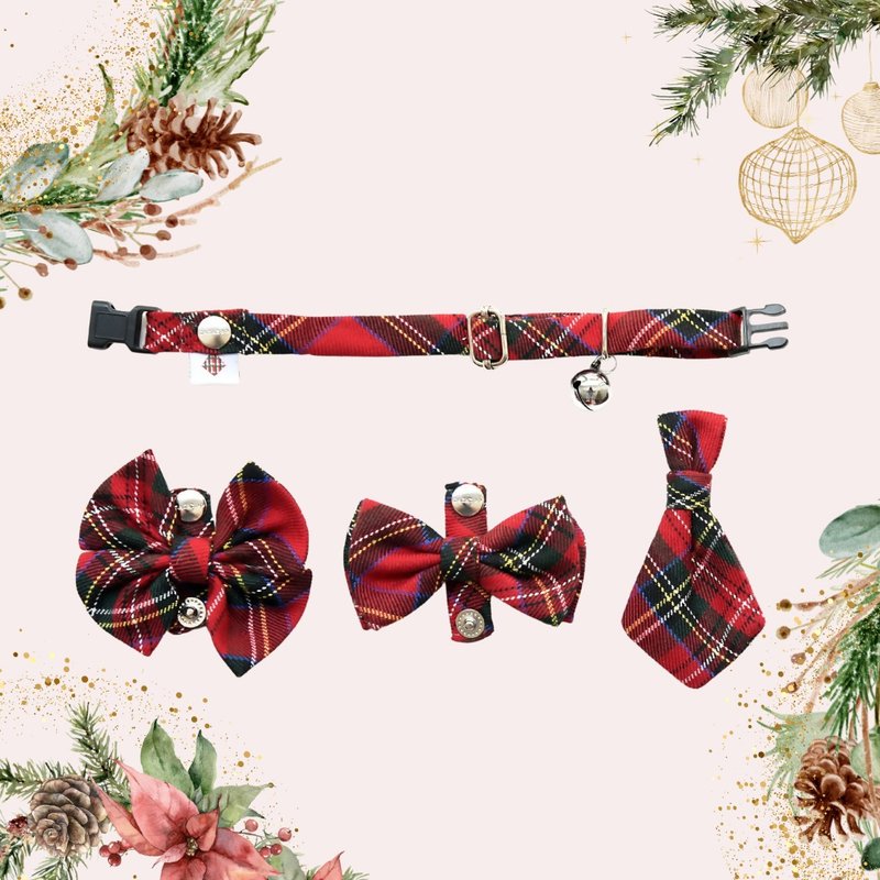 经典格纹优惠套组-猫项圈+任选3个配件 - 项圈/牵绳 - 棉．麻 多色