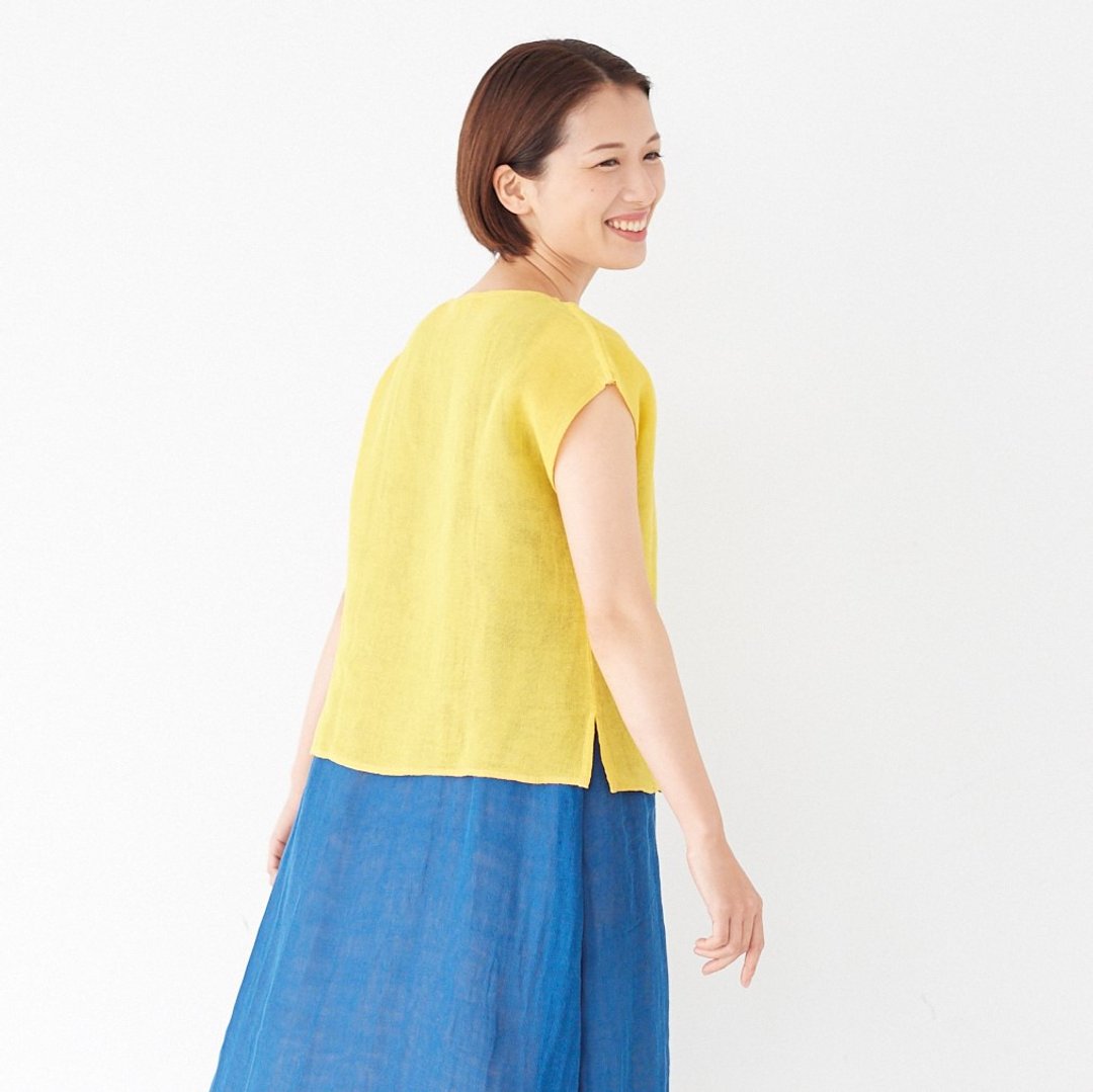 BAN INOUE Yellow french sleeve pullover mosquito net 100% cotton - 女装上衣 - 棉．麻 黄色