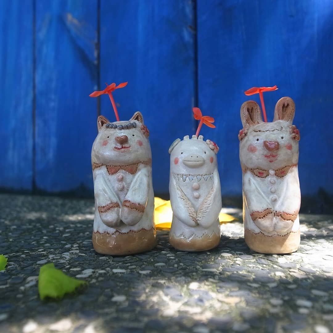 河童小鸟 陶瓷手作小花器 - 花瓶/陶器 - 陶 