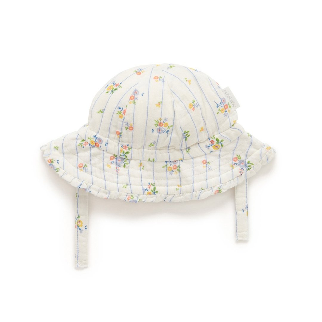 澳洲Purebaby有机棉婴儿帽/遮阳帽1T-5T 白色花卉条纹 - 婴儿帽/发带 - 棉 