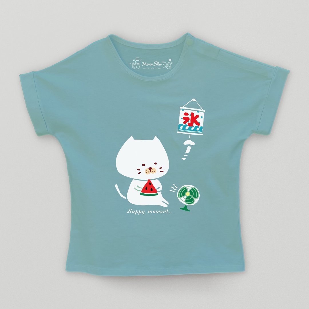 Kid-包子猫吃西瓜小孩T-shirt (莫蓝绿) - 童装上衣 - 棉．麻 绿色