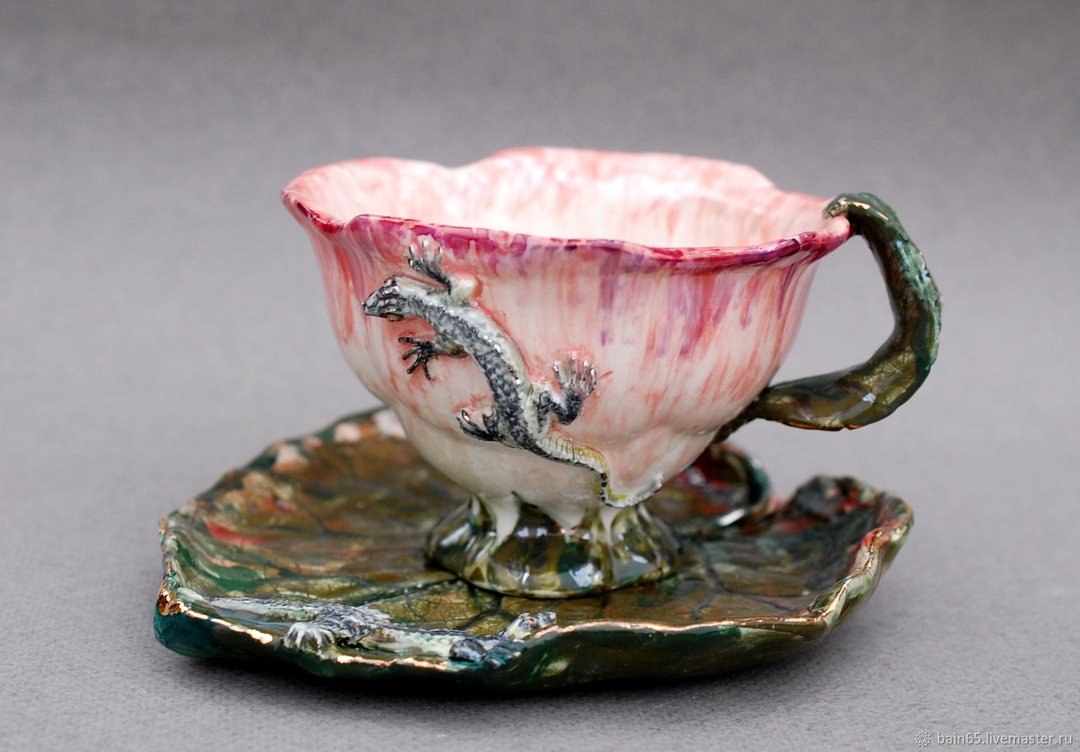 Flower Shape Cup Leaf saucer Lizards Tea coffee cup and saucer - 茶具/茶杯 - 瓷 多色