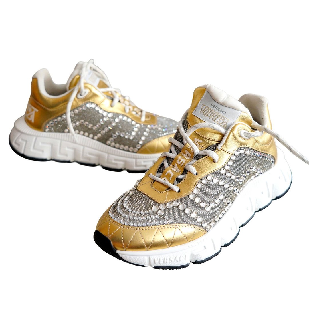 EU39 Baskets Dorées Versace avec Décorations en Cristaux - 女款运动鞋/球鞋 - 真皮 金色