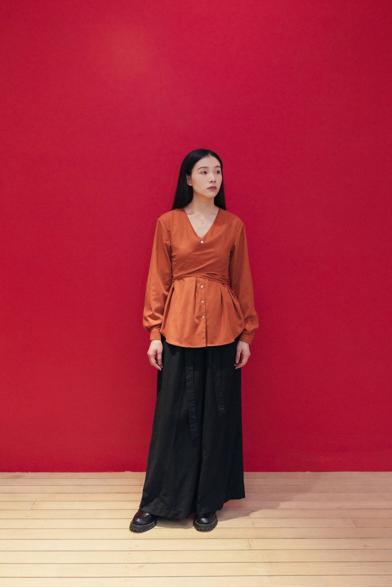 长腰带系腰恤衫 Cross Strap Long Sleeve Shirt - 女装衬衫 - 其他材质 橘色