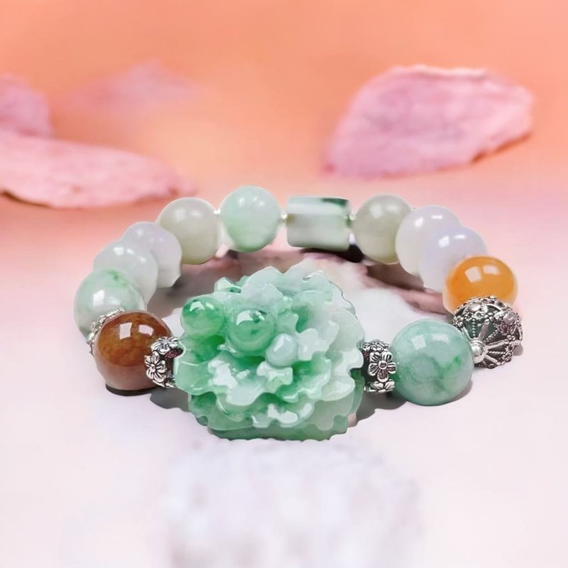 飘绿花翡翠牡丹花多宝设计款手链 | 天然缅甸玉翡翠A货 | 送礼 - 手链/手环 - 玉石 多色