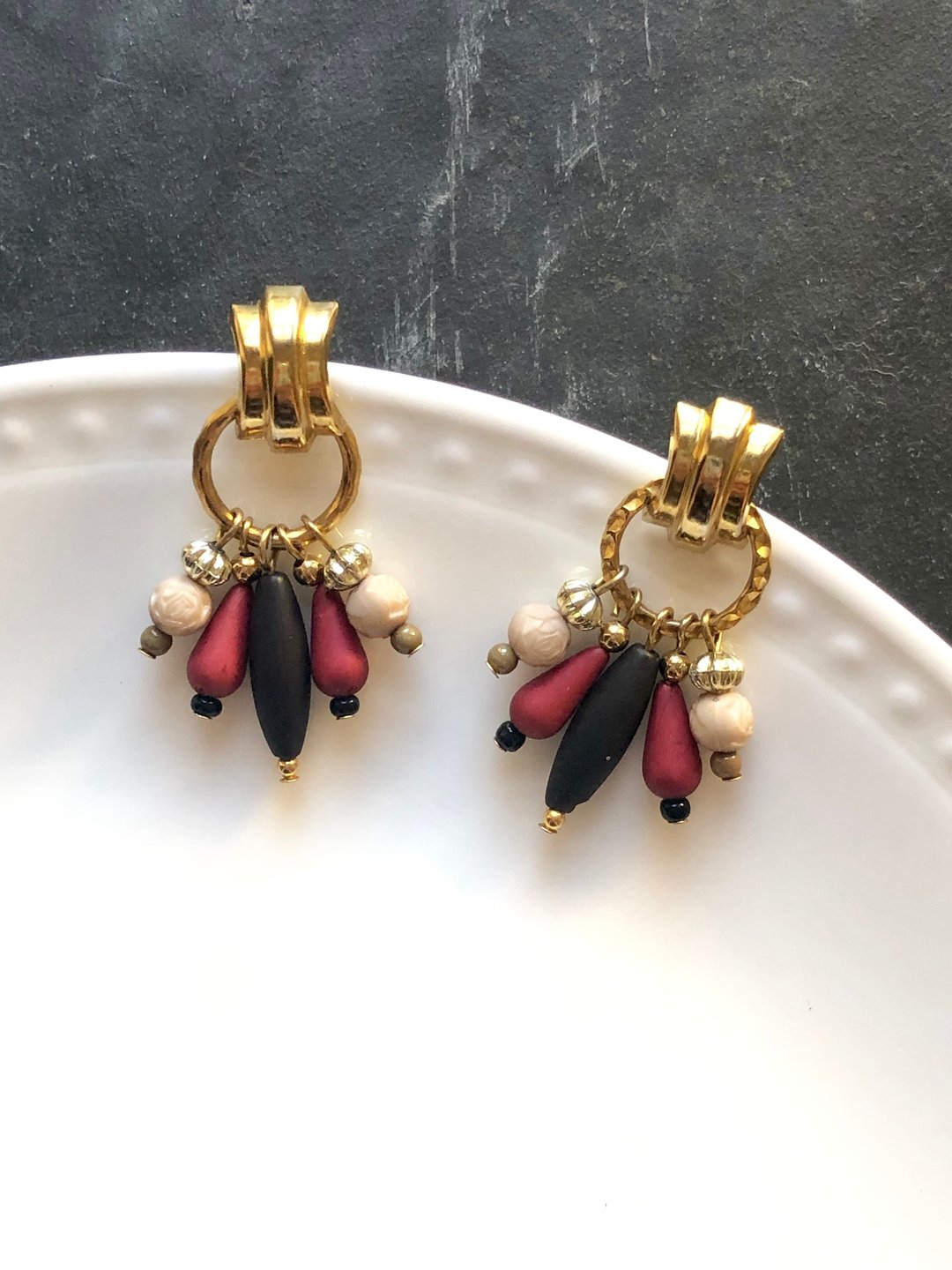Vintage Retro Multi-color Beads Gold Finish Dangle Earrings - 耳环/耳夹 - 贵金属 金色