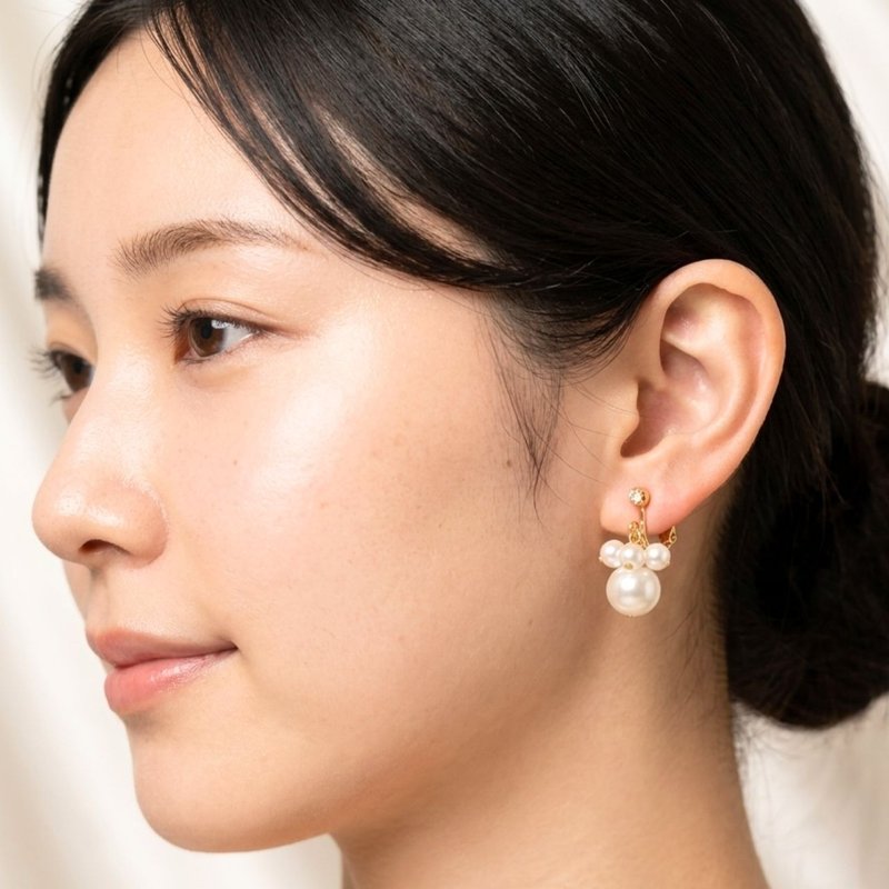 10mm珍珠×泡泡珍珠耳环 金色 大人的文雅 珍珠色 日常用品 生日 - 耳环/耳夹 - 其他材质 白色