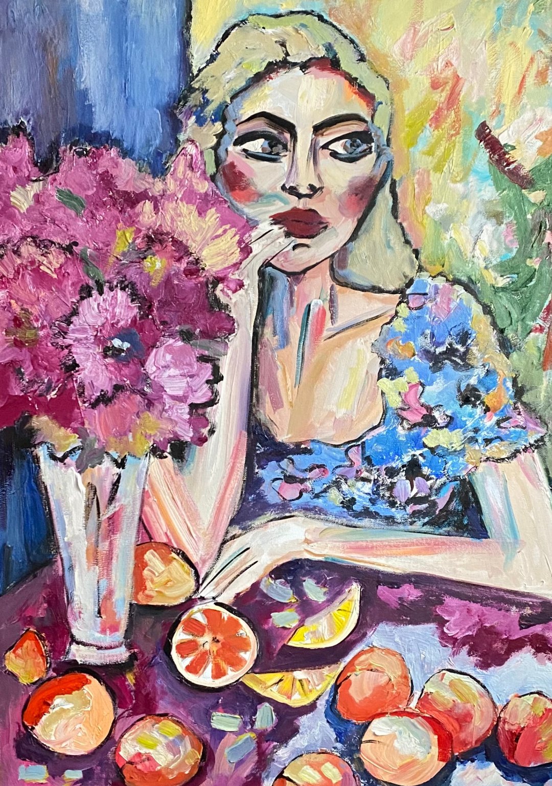 有桃子的女孩 布面油画 野兽派艺术 女人肖像 - 墙贴/壁贴 - 其他材质 蓝色