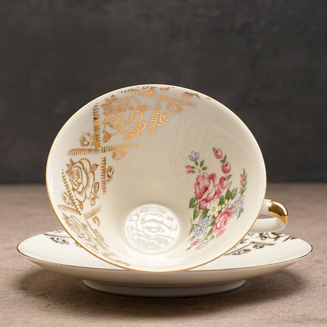 德国Mitterteich玫瑰花丛描金茶杯组/咖啡杯 - 茶具/茶杯 - 瓷 多色