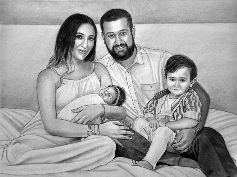 100% 手工制作全家福照片订制石墨肖像画 - 订制画像 - 纸 白色