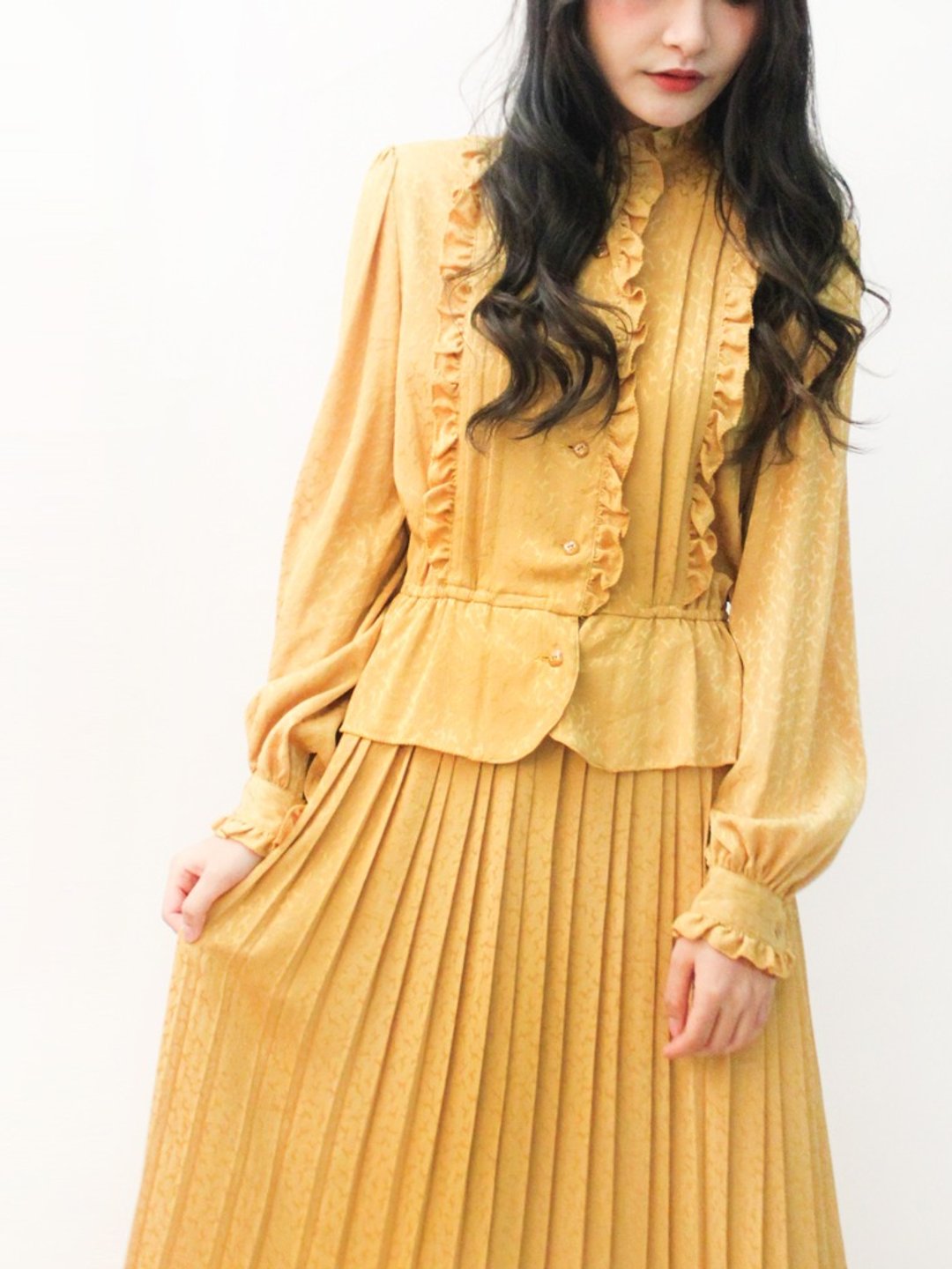 日本制复古维多莉雅立领古典姜黄色长袖古着洋装 Japanese Vintage Dress - 洋装/连衣裙 - 聚酯纤维 黄色