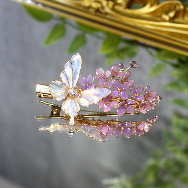 【闪蝶与紫丁香发夹】丁香花发夹 蝴蝶 手工铜线树脂 发夹发饰 - 发饰 - 树脂 紫色