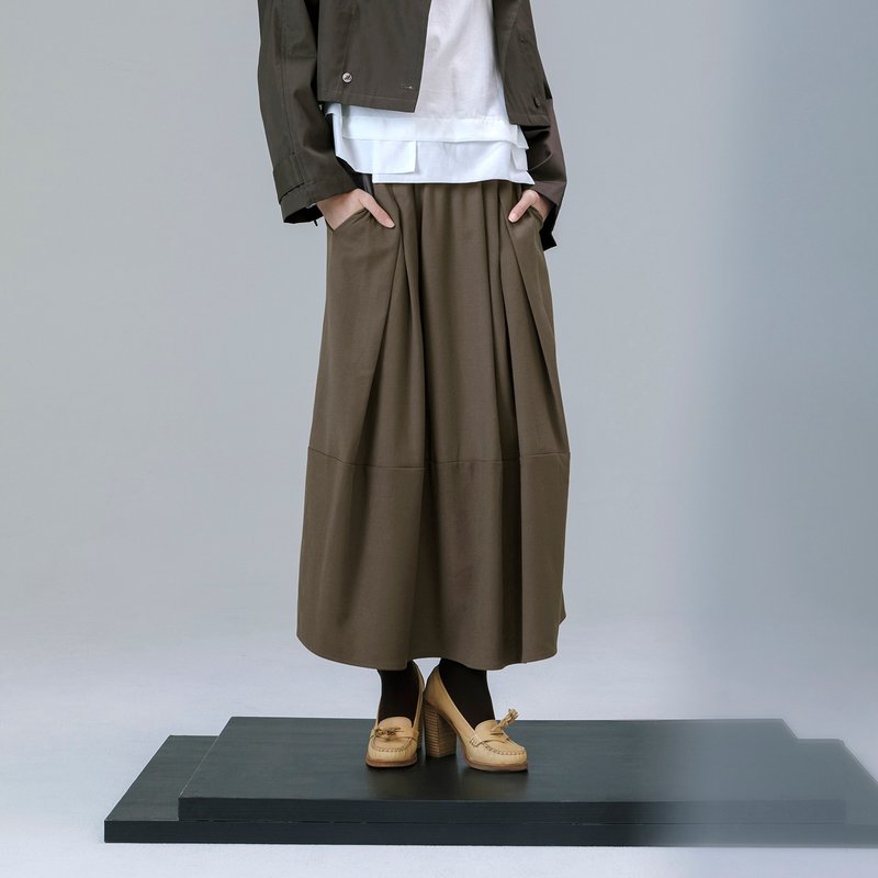 松紧活褶长裙 - 裙子 - 聚酯纤维 咖啡色