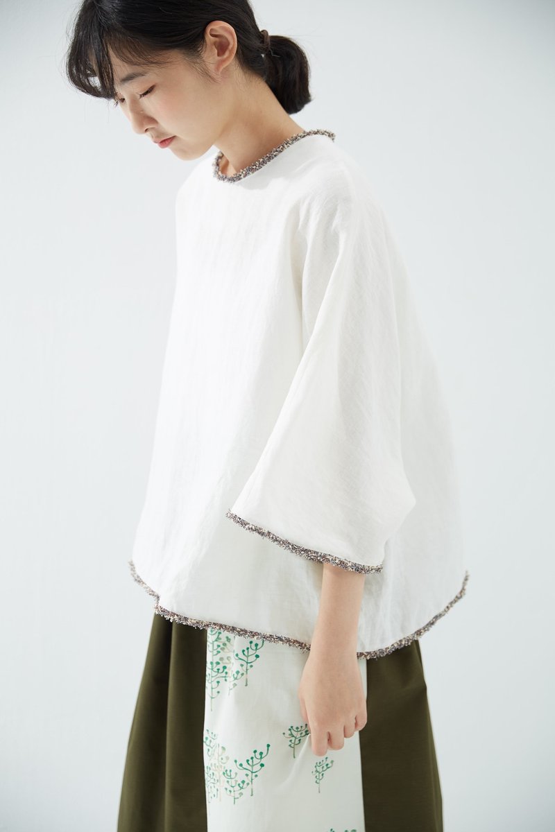 滚花边五分袖白上衣 - 女装上衣 - 棉．麻 白色