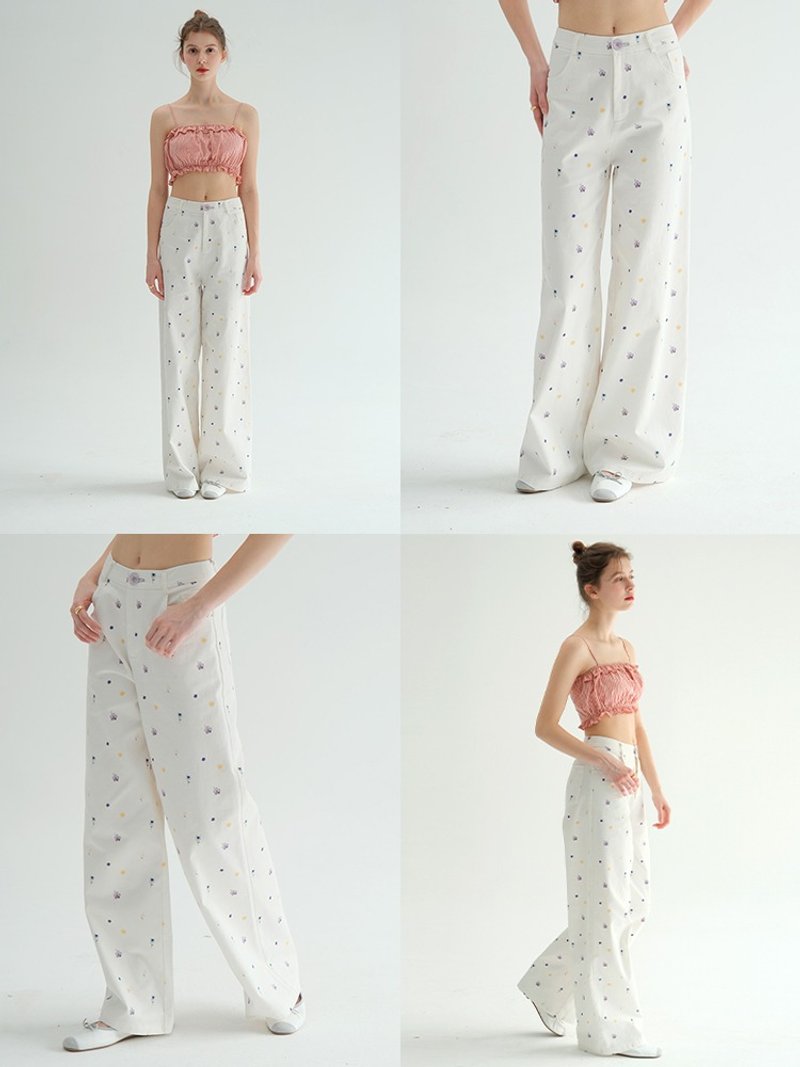 MintCheese 原创手绘水彩碎花 法式宽松白长裤 - 女装长裤 - 棉．麻 