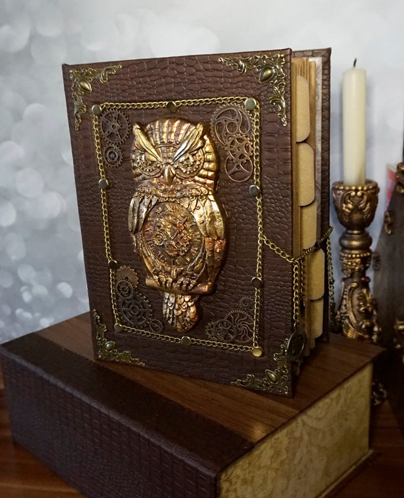 手工制作的蒸汽庞克风格日记本，适合笔记、照片与绘图 - 笔记本/手帐 - 纸 咖啡色