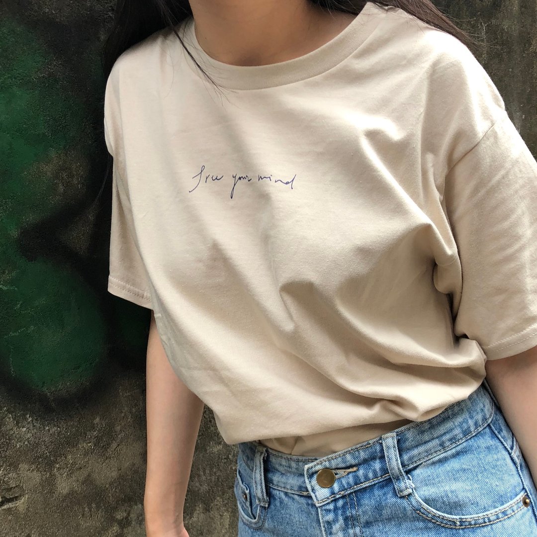free your mind/t-shirt 上衣 - 女装 T 恤 - 棉 卡其色