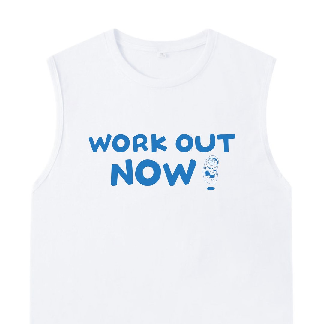 WORK OUT NOW 白 / 插画 背心  VEST  夏季 纯棉 大尺码 - 男装上衣/T 恤 - 棉 白色