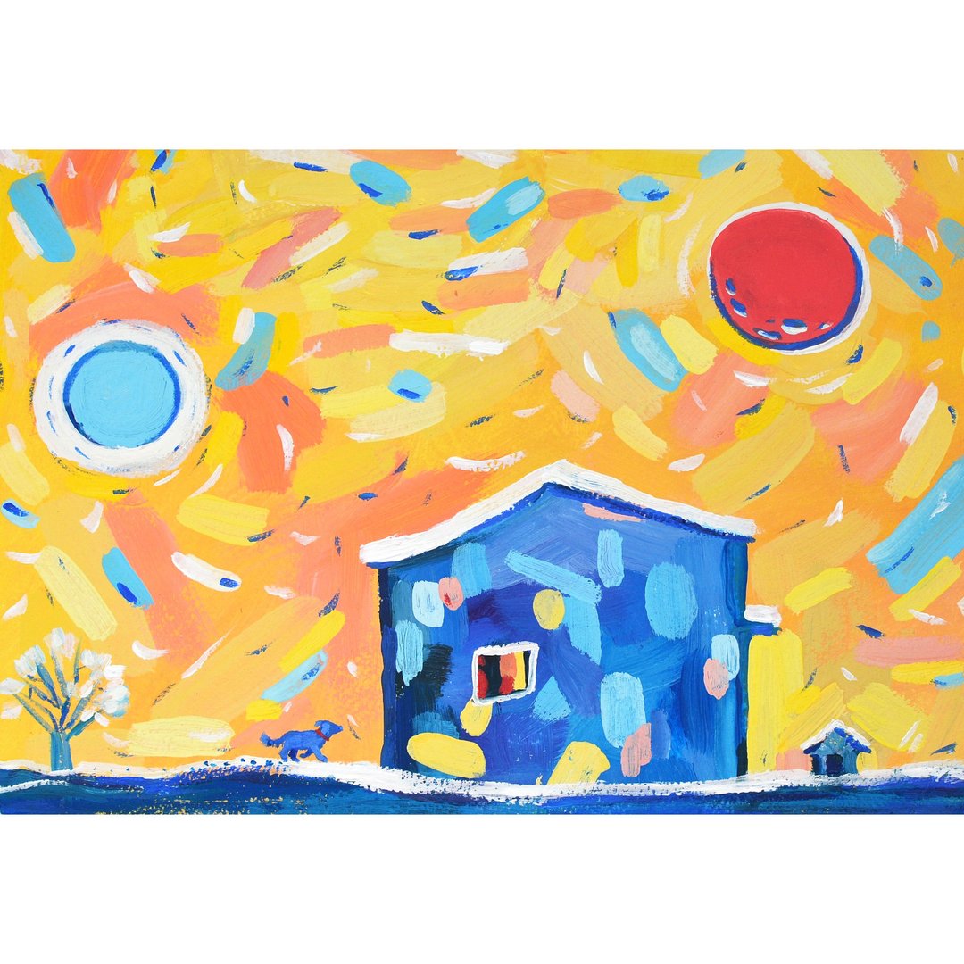 乡村原创水粉画风景可爱的一天行星艺术 24x34cm - 墙贴/壁贴 - 纸 橘色
