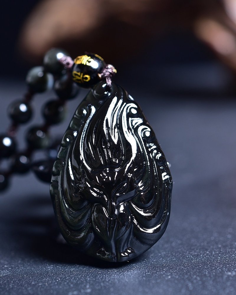 天然黑曜石彩眼千年九尾狐仙吊坠项链 防小人 雕工精湛 - 项链 - 水晶 