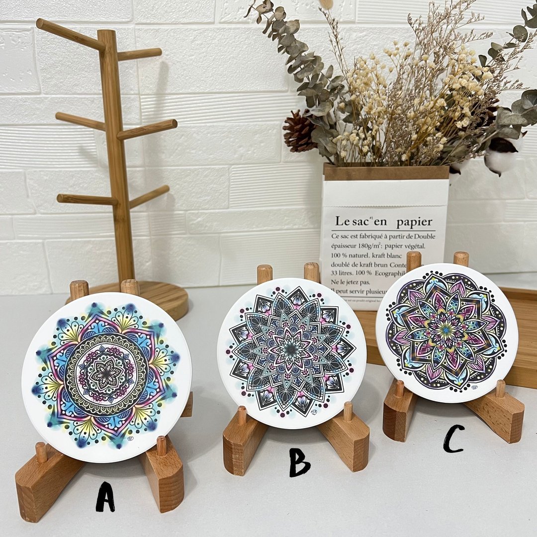 曼陀罗 禅绕 Henna Mandala 莺歌陶瓷杯垫 - 杯垫 - 粘土 白色
