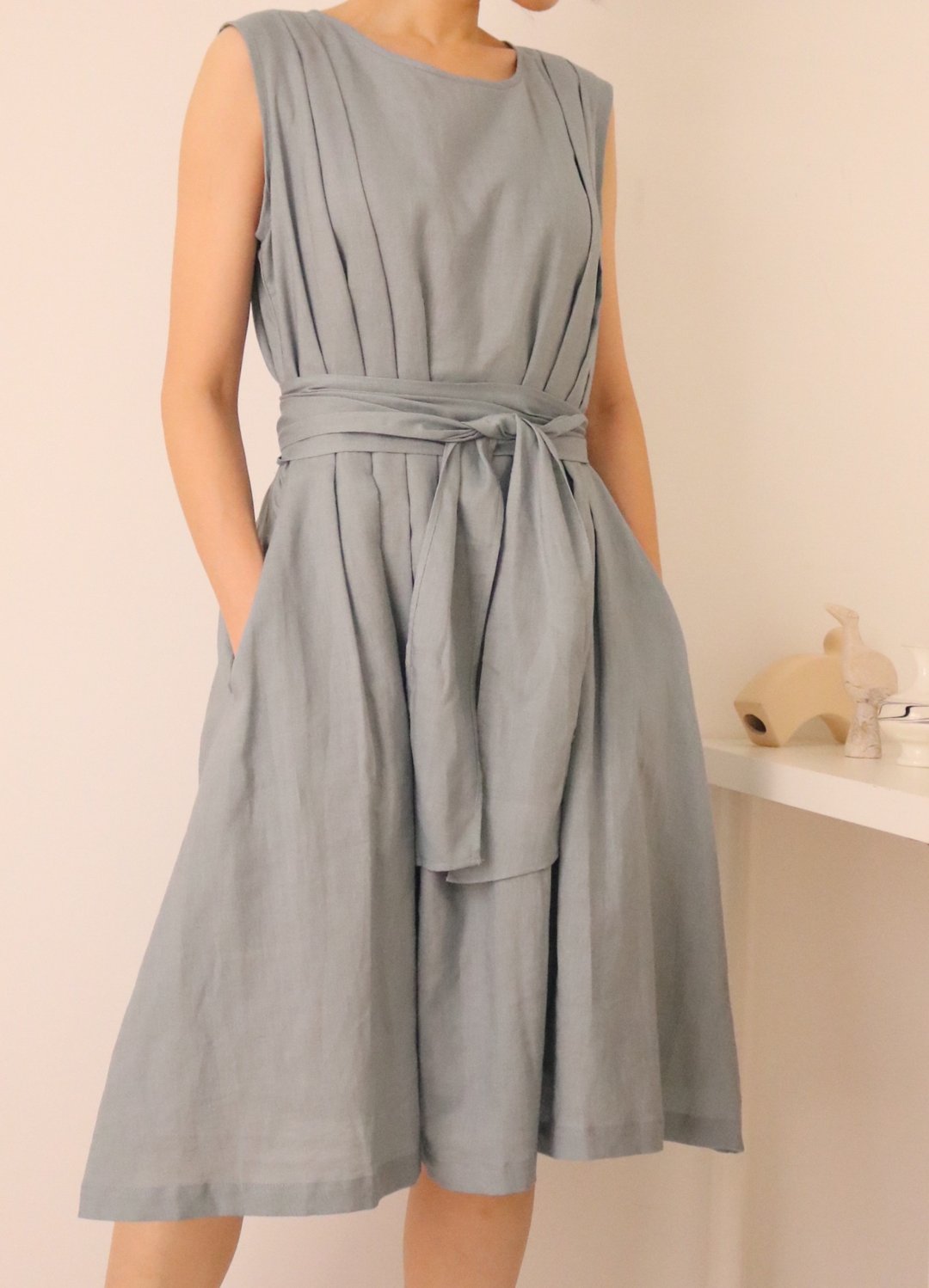 Etude Dress 蓝灰无袖亚麻夏日婚宴微礼服(可订做其他颜色) - 洋装/连衣裙 - 棉 