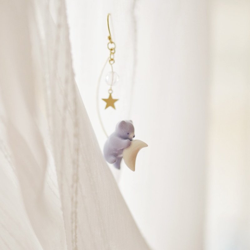 |独角森林| 寻找遗失的月-小紫熊耳环/耳夹 - 耳环/耳夹 - 粘土 紫色