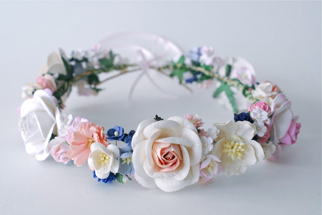 Paper Flower, Crown, Headband, Wedding, pink, soft pink, cream, blue and white Color. ADUlT SIZE. - 发饰 - 纸 粉红色