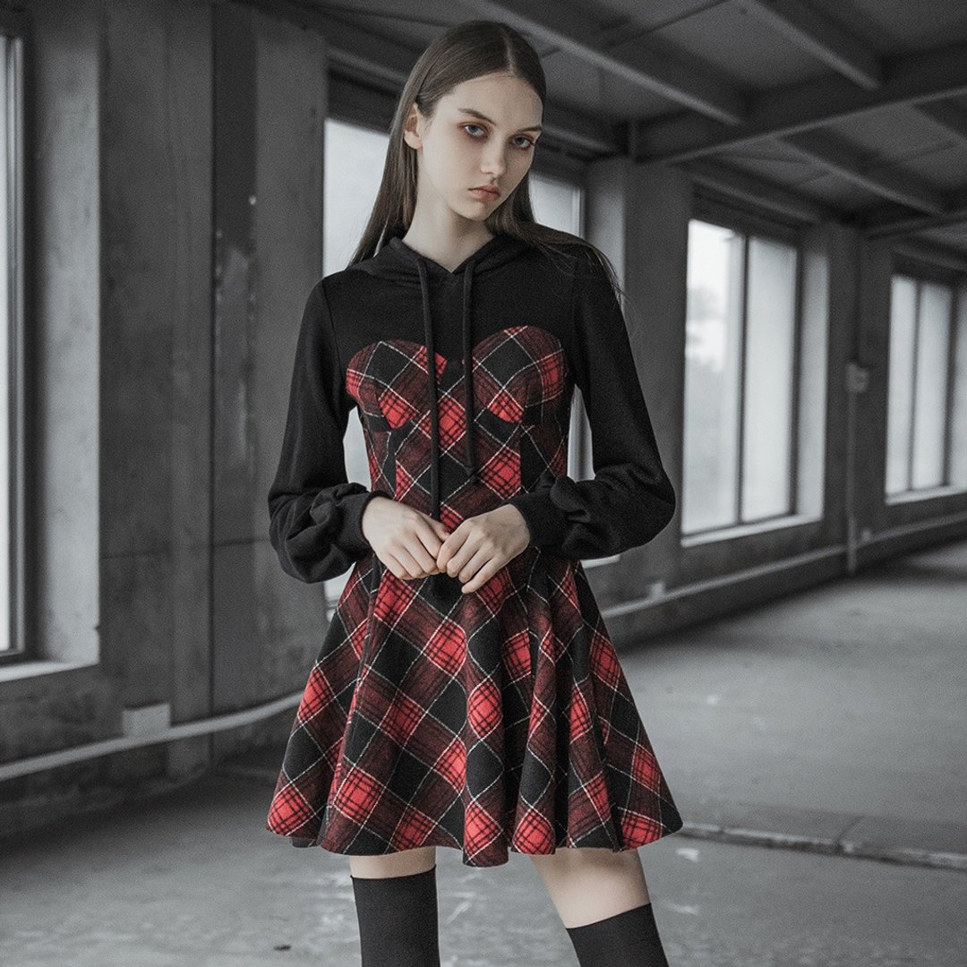 苏格兰女巫假两件式连帽洋装 - 洋装/连衣裙 - 其他材质 红色