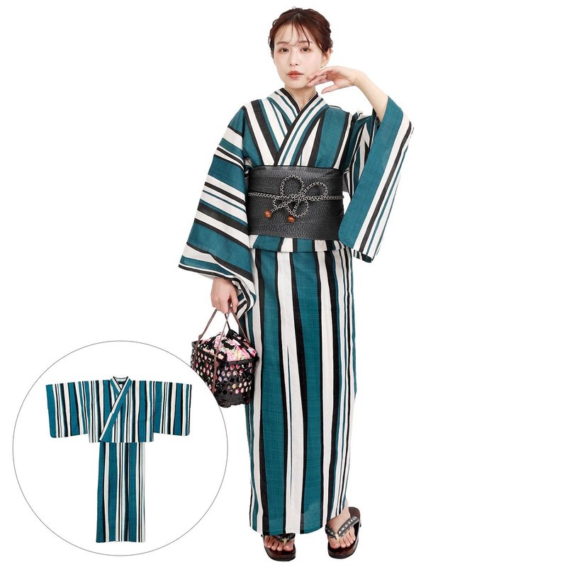 日本 和服 女性 两件式 浴衣 腰封 套组 F size x14h-25 - 其他 - 棉．麻 绿色