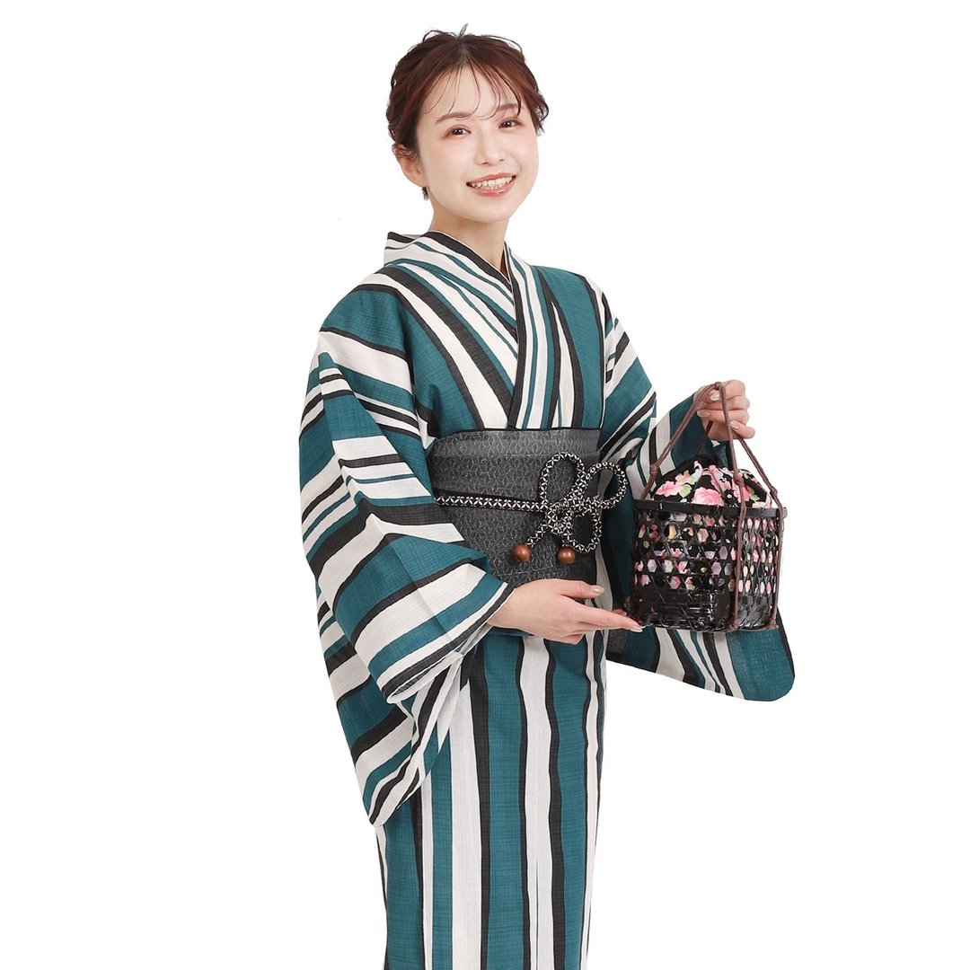 日本 和服 女性 两件式 浴衣 腰封 套组 F size x14h-25 - 其他 - 棉 绿色